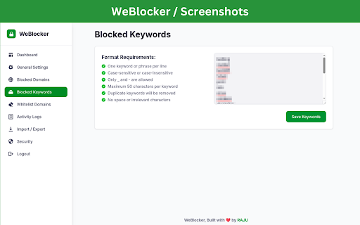 WeBlocker Domain  Keywords Blocker  from Chrome web store to be run with OffiDocs Chromium online