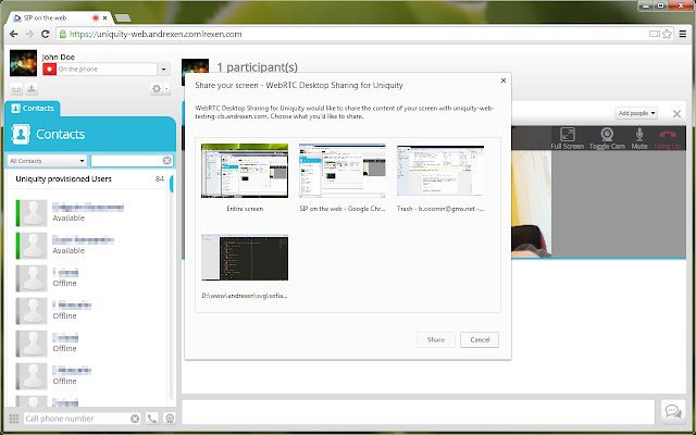 WebRTC Desktop Sharing for Uniquity  from Chrome web store to be run with OffiDocs Chromium online