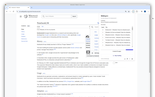 WebSync full site importer for NotebookLM  from Chrome web store to be run with OffiDocs Chromium online