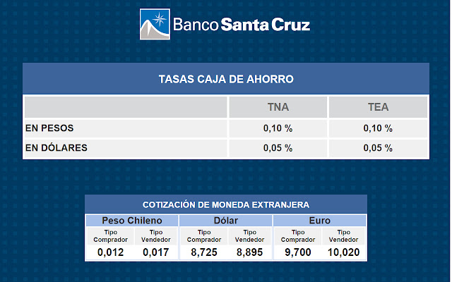 Web Tasas Banco Santa Cruz da Chrome Web Store será executado com OffiDocs Chromium online