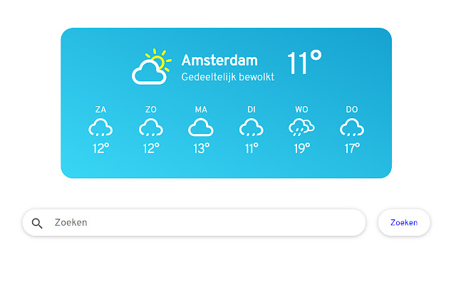 Weer weersvoorspelling bij elk nieuw tab  from Chrome web store to be run with OffiDocs Chromium online