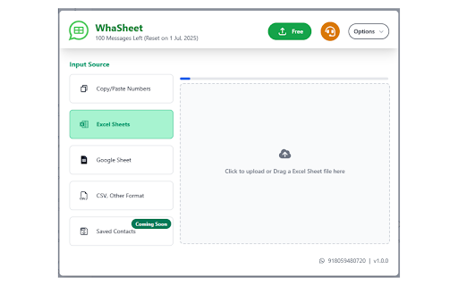 Whasheet Bulk WA Sender Excel, Google Sheets (ex Wapitalia)  from Chrome web store to be run with OffiDocs Chromium online
