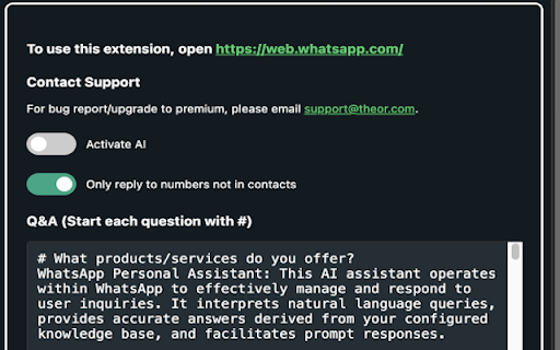 Whatsapp Personal Assistant  from Chrome web store to be run with OffiDocs Chromium online
