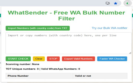 WhatSender Free WA Bulk Number filter  from Chrome web store to be run with OffiDocs Chromium online