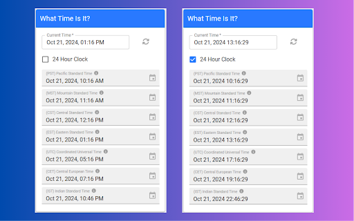 What Time Is It?  from Chrome web store to be run with OffiDocs Chromium online