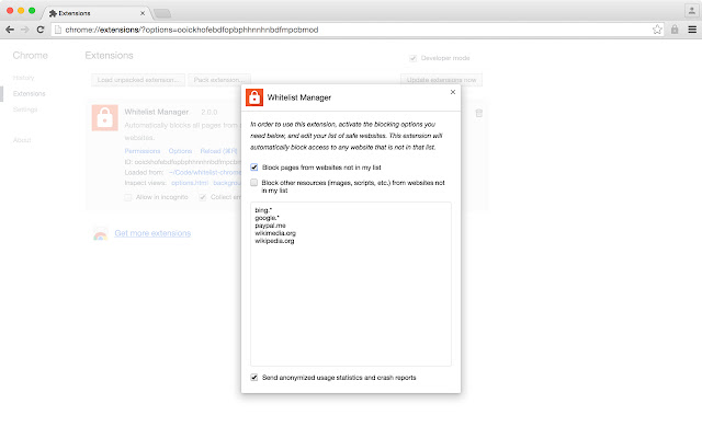 Whitelist Manager  from Chrome web store to be run with OffiDocs Chromium online