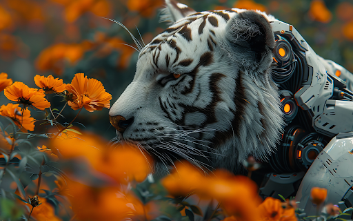 white tiger half machine on yellow flower field  from Chrome web store to be run with OffiDocs Chromium online
