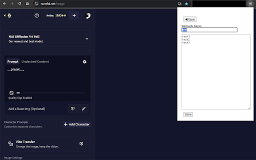 Wildcards and Danbooru Autocomplete for NovelAI Diffusion  from Chrome web store to be run with OffiDocs Chromium online