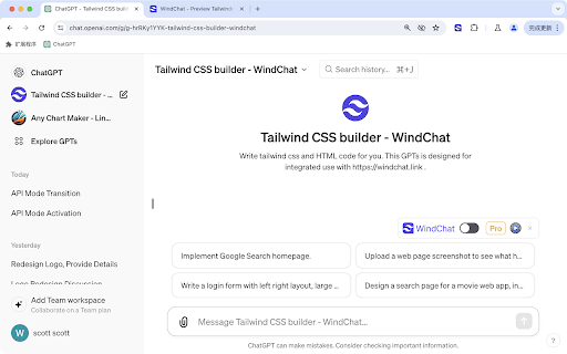 WindChat ChatGPT Tailwind CSS React Previewer  from Chrome web store to be run with OffiDocs Chromium online