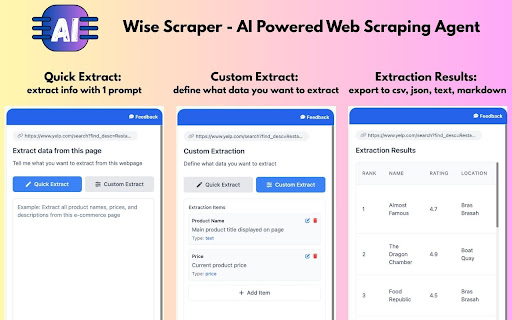Wise Scraper AI Powered Web Scraping Agent  from Chrome web store to be run with OffiDocs Chromium online