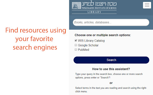 WIS Library Search Assistant  from Chrome web store to be run with OffiDocs Chromium online