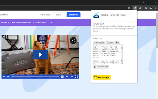 Wistia Transcript Finder  from Chrome web store to be run with OffiDocs Chromium online