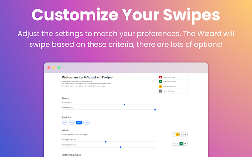 Wizard of Swipe for Tinder  from Chrome web store to be run with OffiDocs Chromium online
