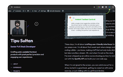 WordPress Admin Bar Toggle Easy Toolbar Control  from Chrome web store to be run with OffiDocs Chromium online