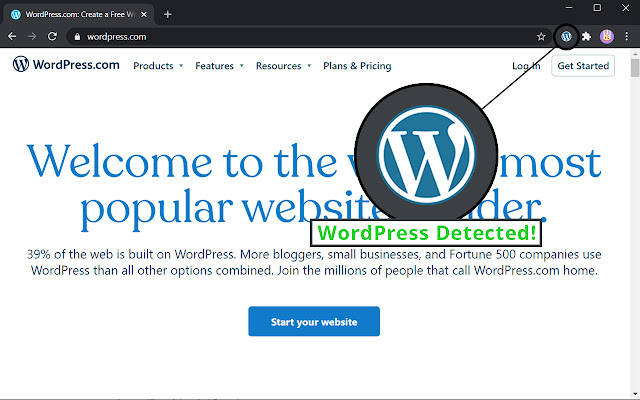 Chrome ウェブストアの WordPress Detector を OffiDocs Chromium オンラインで実行する
