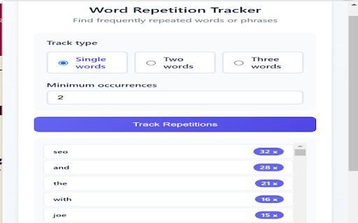 Word Repetition Tracker  from Chrome web store to be run with OffiDocs Chromium online