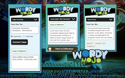 Wordy Mojo, A Text Utility Extension  from Chrome web store to be run with OffiDocs Chromium online