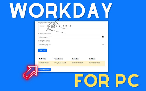 Workday app for pc,windows and Mac (Free use)  from Chrome web store to be run with OffiDocs Chromium online