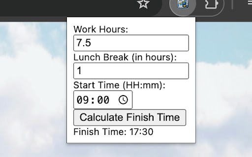 Workday Finish Time Calculator  from Chrome web store to be run with OffiDocs Chromium online