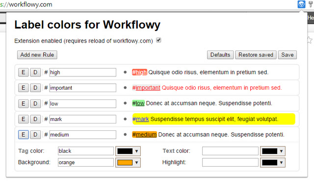 WorkFlowy colorful tags  from Chrome web store to be run with OffiDocs Chromium online