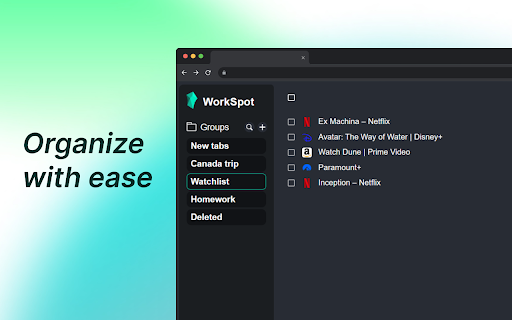 WorkSpot Tab Manager  from Chrome web store to be run with OffiDocs Chromium online