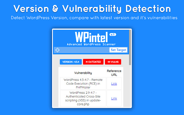 WPintel WordPress Vulnerability Scanner  from Chrome web store to be run with OffiDocs Chromium online