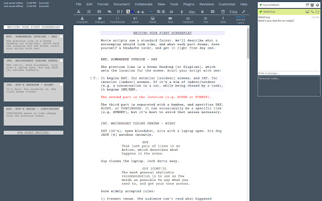 WriterDuet  from Chrome web store to be run with OffiDocs Chromium online
