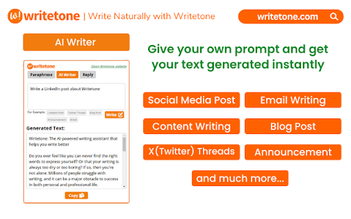 Writetone: AI Writing Assistant  Grammar Fix  from Chrome web store to be run with OffiDocs Chromium online