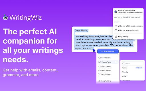 WritingWiz AI Writing Helper  from Chrome web store to be run with OffiDocs Chromium online