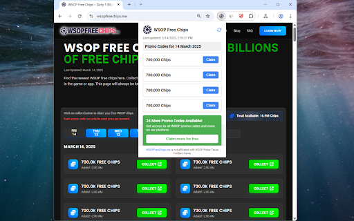 WSOP Free Chips: Daily Promo Codes For WSOP  from Chrome web store to be run with OffiDocs Chromium online