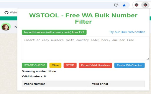wstool Free WA Bulk Number filter  from Chrome web store to be run with OffiDocs Chromium online