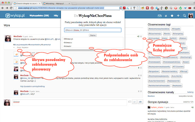 WykopNieChcePlusa  from Chrome web store to be run with OffiDocs Chromium online