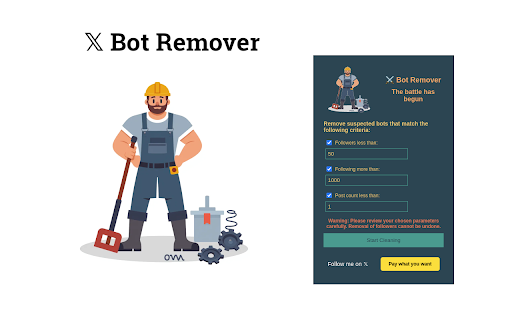 X Bot Remover  from Chrome web store to be run with OffiDocs Chromium online