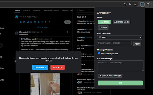 X Crastinator  from Chrome web store to be run with OffiDocs Chromium online
