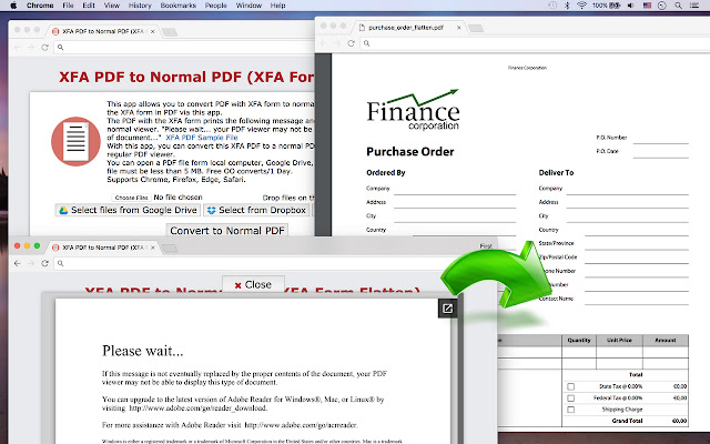 XFA PDF إلى عادي PDF (XFA Form Flatten) من متجر Chrome الإلكتروني ليتم تشغيله مع OffiDocs Chromium عبر الإنترنت