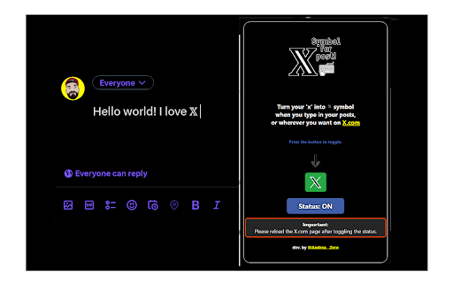 X Symbol in your posts!  from Chrome web store to be run with OffiDocs Chromium online
