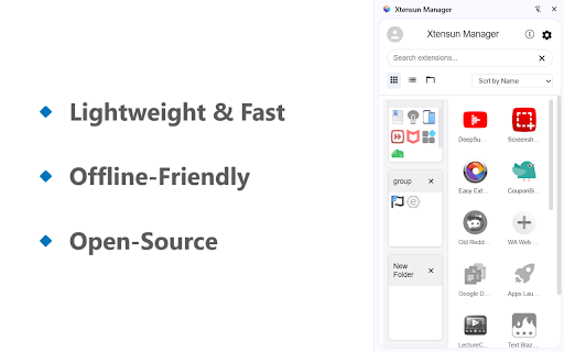Xtensun Manager  from Chrome web store to be run with OffiDocs Chromium online