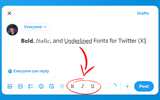 X (Twitter) Post Text Editor Bold, Italic, Underline  from Chrome web store to be run with OffiDocs Chromium online