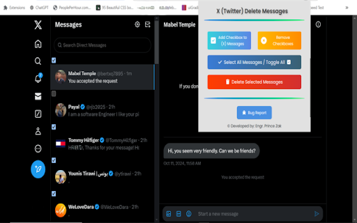X (Twitter) Select  Delete Messages Pro  from Chrome web store to be run with OffiDocs Chromium online