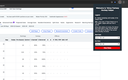 Yahoo Fantasy Hockey Helper  from Chrome web store to be run with OffiDocs Chromium online