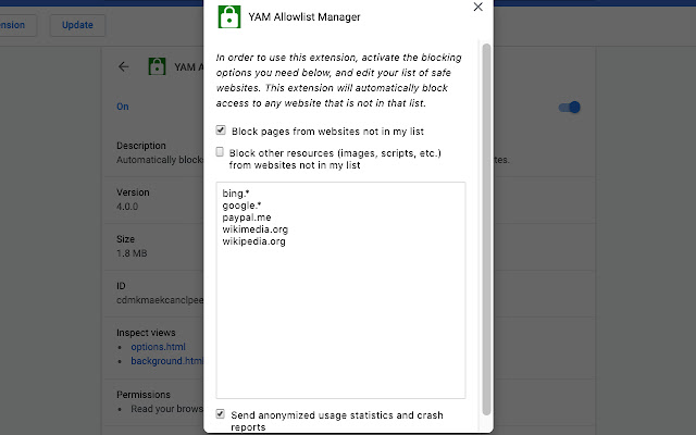 YAM Allowlist Manager  from Chrome web store to be run with OffiDocs Chromium online