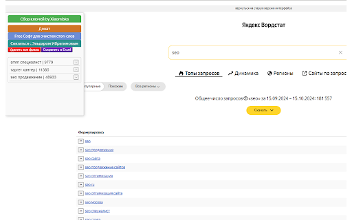 Yandex Wordstat New Helper  from Chrome web store to be run with OffiDocs Chromium online
