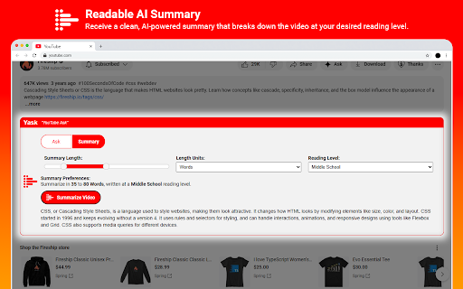 Yask (YouTube Ask) Ask or Summarize Any YouTube Video  from Chrome web store to be run with OffiDocs Chromium online