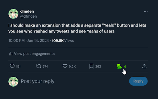 Yeah! for Twitter  from Chrome web store to be run with OffiDocs Chromium online