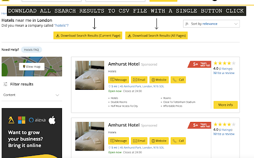 Yell Download Search Results as CSV  from Chrome web store to be run with OffiDocs Chromium online