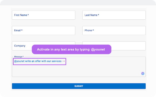 Younet: Personalized AI to write  respond  from Chrome web store to be run with OffiDocs Chromium online