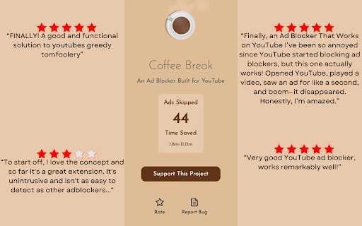 YouTube AdBlock Coffee Break for YouTube  from Chrome web store to be run with OffiDocs Chromium online