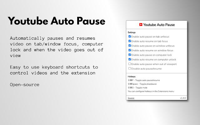 Youtube Auto Pause  from Chrome web store to be run with OffiDocs Chromium online