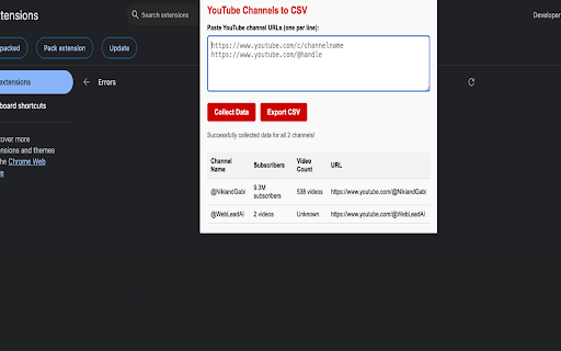 Youtube Channels To CSV mula sa Chrome web store na tatakbo sa OffiDocs Chromium online