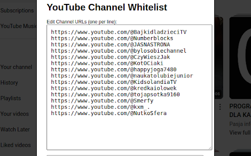 YouTube Channel Whitelist  from Chrome web store to be run with OffiDocs Chromium online